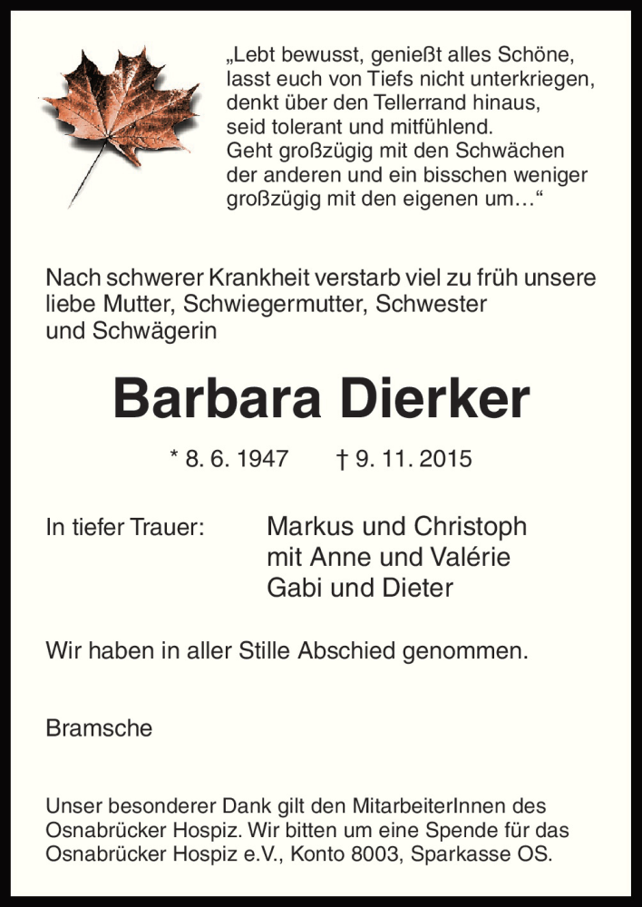  Traueranzeige für Barbara Dierker vom 28.11.2015 aus Neue Osnabrücker Zeitung GmbH & Co. KG