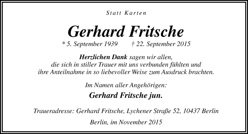  Traueranzeige für Herhard Fritsche vom 07.11.2015 aus Neue Osnabrücker Zeitung GmbH & Co. KG