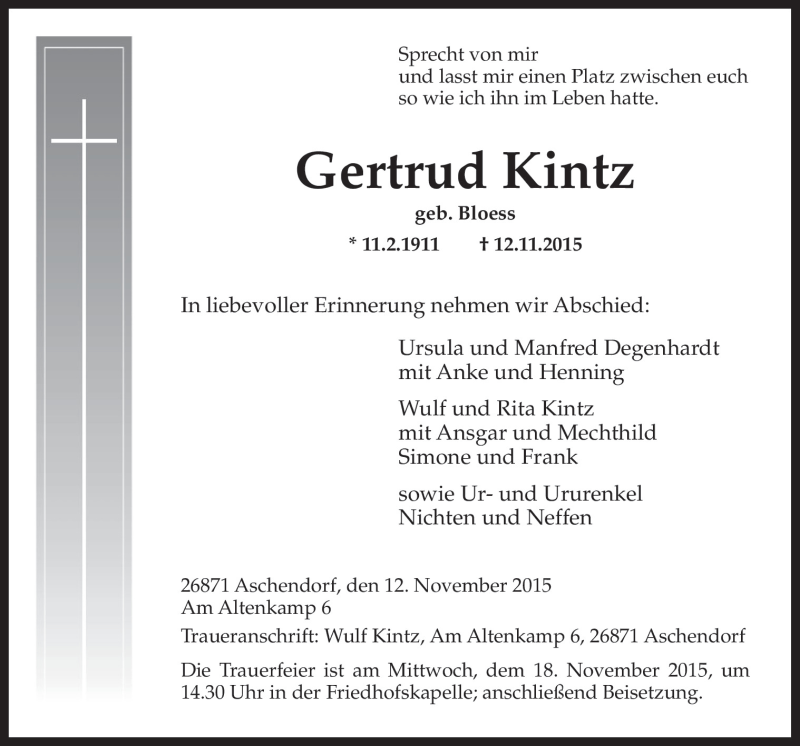  Traueranzeige für Gertrud Kintz vom 14.11.2015 aus Neue Osnabrücker Zeitung GmbH & Co. KG