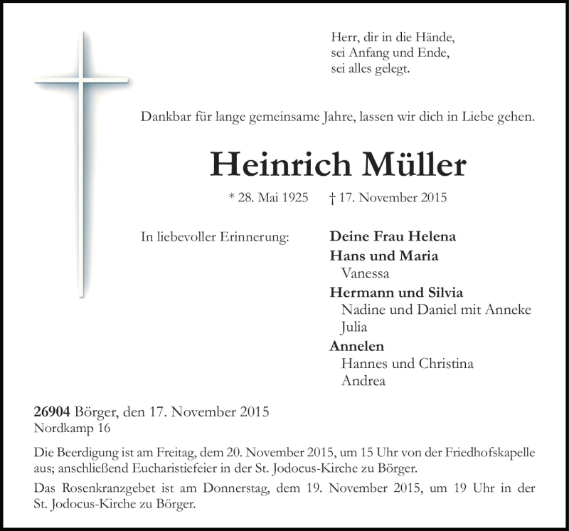  Traueranzeige für Heinrich Müller vom 19.11.2015 aus Neue Osnabrücker Zeitung GmbH & Co. KG