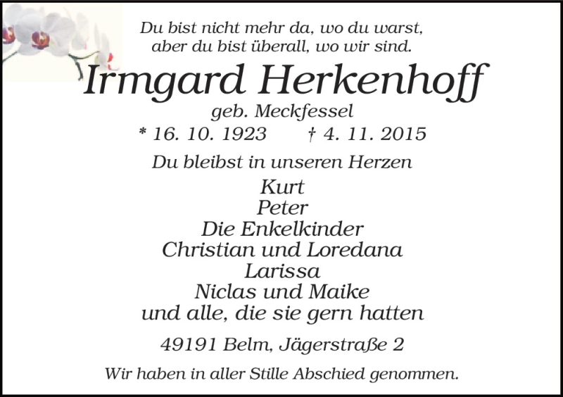  Traueranzeige für Irmgard Herkenhoff vom 14.11.2015 aus Neue Osnabrücker Zeitung GmbH & Co. KG