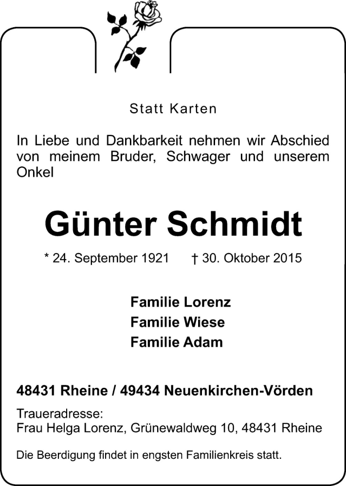  Traueranzeige für Günter Schmidt vom 05.11.2015 aus Neue Osnabrücker Zeitung GmbH & Co. KG