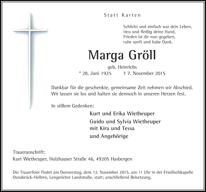 Traueranzeige für Marga Gröll vom 10.11.2015 aus Neue Osnabrücker Zeitung GmbH & Co. KG