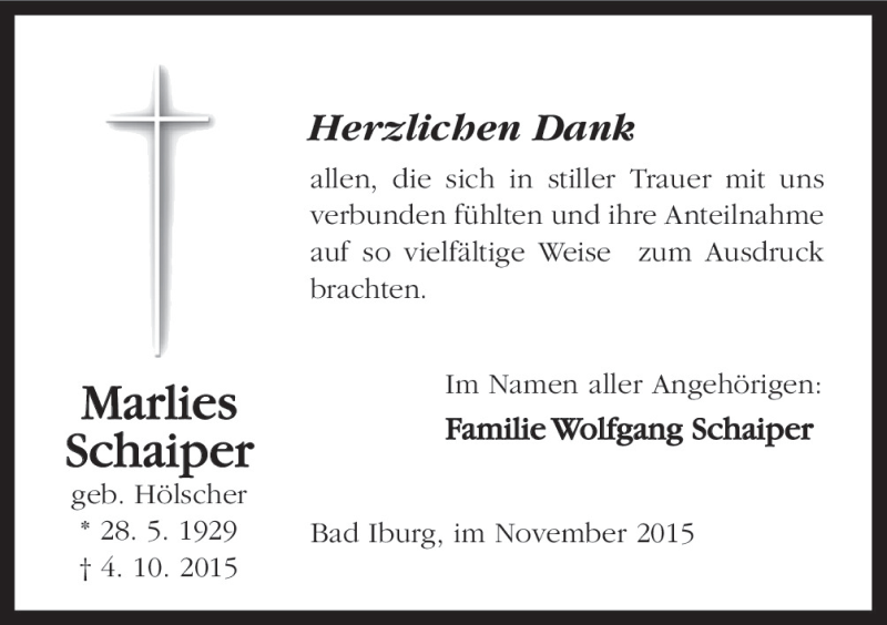  Traueranzeige für Marlies Schaiper vom 21.11.2015 aus Neue Osnabrücker Zeitung GmbH & Co. KG