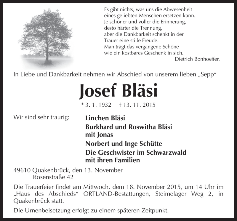  Traueranzeige für Josef Bläsi vom 16.11.2015 aus Neue Osnabrücker Zeitung GmbH & Co. KG
