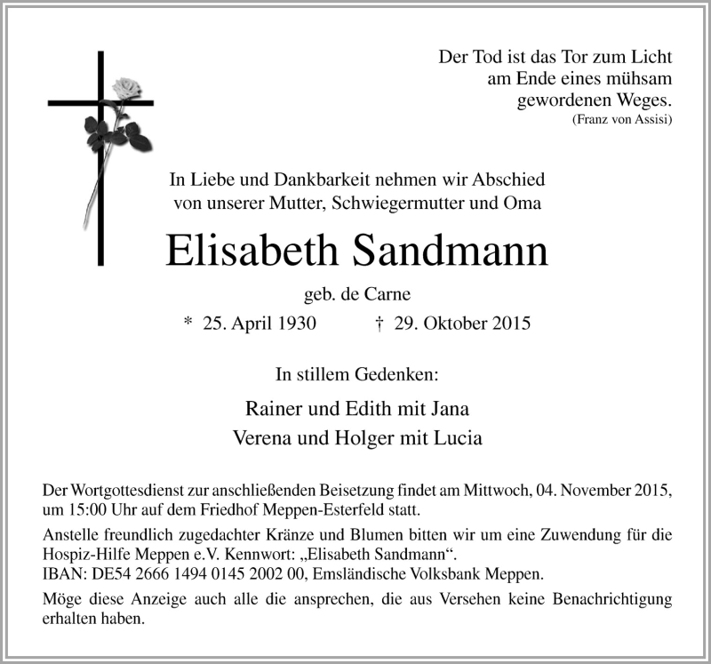  Traueranzeige für Elisabeth Sandmann vom 02.11.2015 aus Neue Osnabrücker Zeitung GmbH & Co. KG