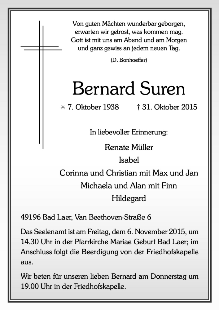  Traueranzeige für Bernard Suren vom 03.11.2015 aus Neue Osnabrücker Zeitung GmbH & Co. KG