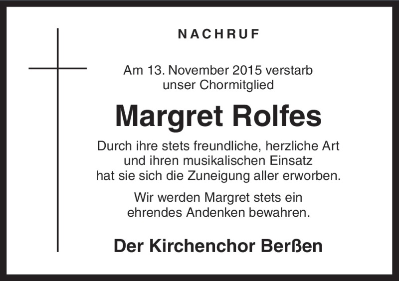  Traueranzeige für Margret Rolfes vom 20.11.2015 aus Neue Osnabrücker Zeitung GmbH & Co. KG