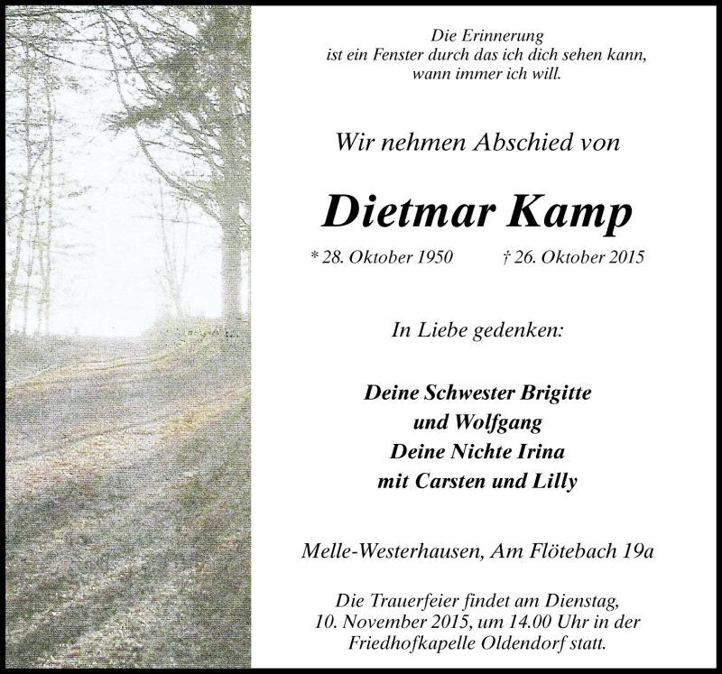  Traueranzeige für Dietmar Kamp vom 07.11.2015 aus Neue Osnabrücker Zeitung GmbH & Co. KG