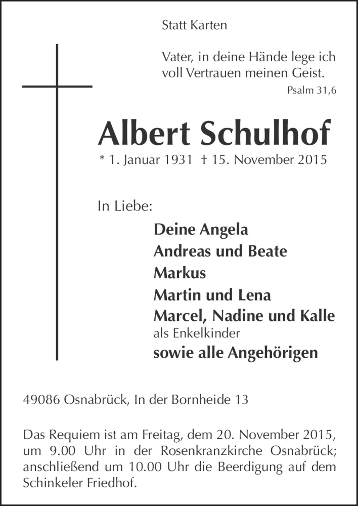  Traueranzeige für Albert Schulhof vom 18.11.2015 aus Neue Osnabrücker Zeitung GmbH & Co. KG