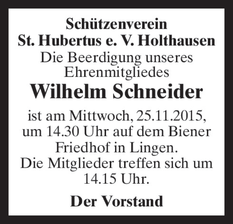  Traueranzeige für Wilhelm Schneider vom 24.11.2015 aus Neue Osnabrücker Zeitung GmbH & Co. KG