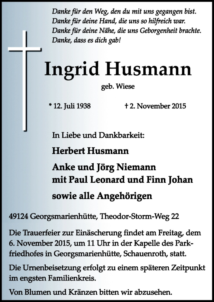  Traueranzeige für Ingrid Husmann vom 04.11.2015 aus Neue Osnabrücker Zeitung GmbH & Co. KG