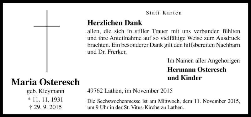  Traueranzeige für Maria Osteresch vom 07.11.2015 aus Neue Osnabrücker Zeitung GmbH & Co. KG
