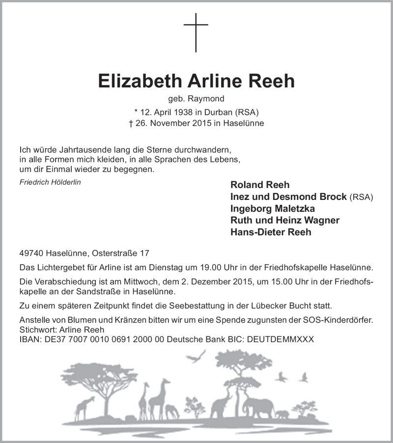  Traueranzeige für Elizabeth Arline Reeh vom 28.11.2015 aus Neue Osnabrücker Zeitung GmbH & Co. KG