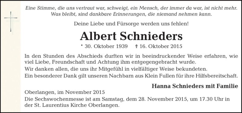  Traueranzeige für Albert Schnieders vom 25.11.2015 aus Neue Osnabrücker Zeitung GmbH & Co. KG