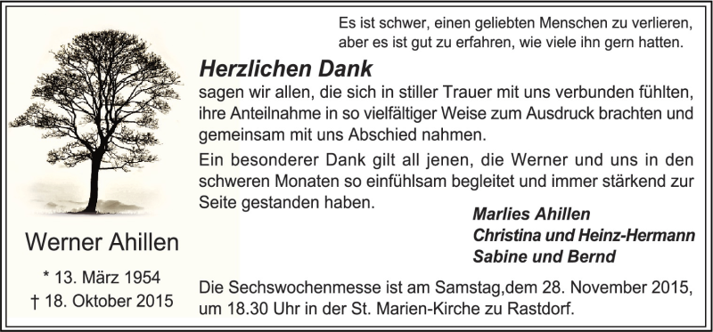  Traueranzeige für Werner Ahillen vom 25.11.2015 aus Neue Osnabrücker Zeitung GmbH & Co. KG