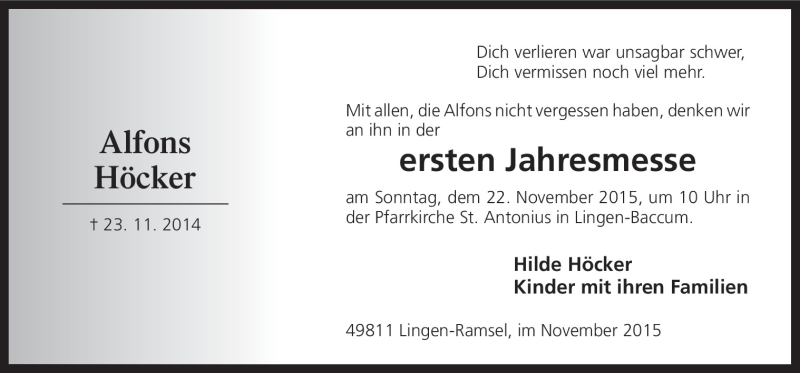  Traueranzeige für Alfons Höcker vom 19.11.2015 aus Neue Osnabrücker Zeitung GmbH & Co. KG
