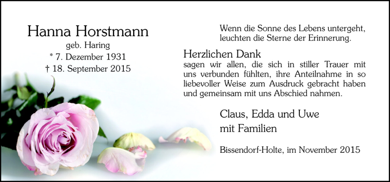  Traueranzeige für Hanna Horstmann vom 07.11.2015 aus Neue Osnabrücker Zeitung GmbH & Co. KG