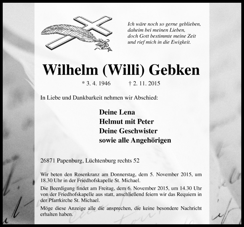  Traueranzeige für Wilhelm Gebken vom 04.11.2015 aus Neue Osnabrücker Zeitung GmbH & Co. KG