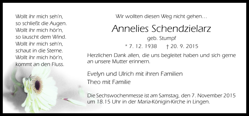  Traueranzeige für Annelies Schendzielarz vom 04.11.2015 aus Neue Osnabrücker Zeitung GmbH & Co. KG