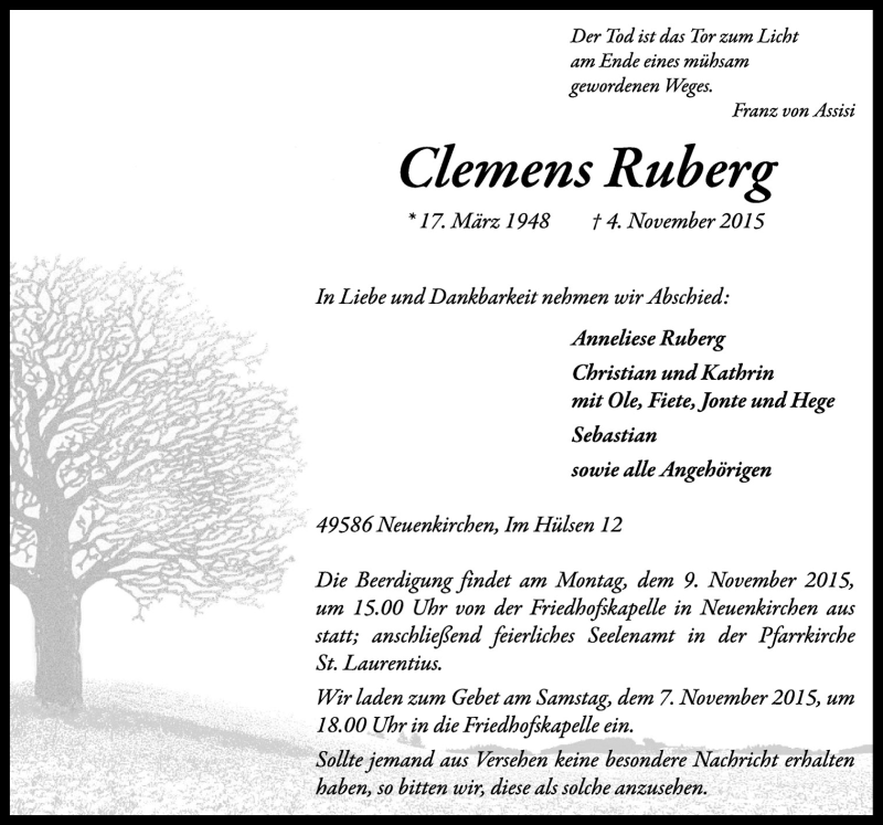  Traueranzeige für Clemens Ruberg vom 07.11.2015 aus Neue Osnabrücker Zeitung GmbH & Co. KG