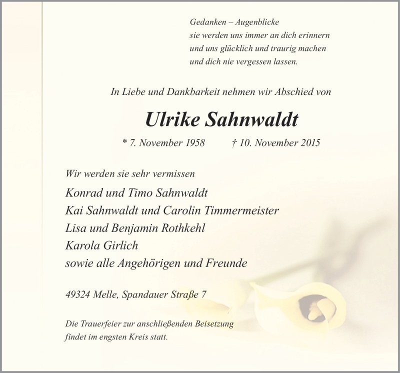  Traueranzeige für Ulrike Sahnwaldt vom 14.11.2015 aus Neue Osnabrücker Zeitung GmbH & Co. KG