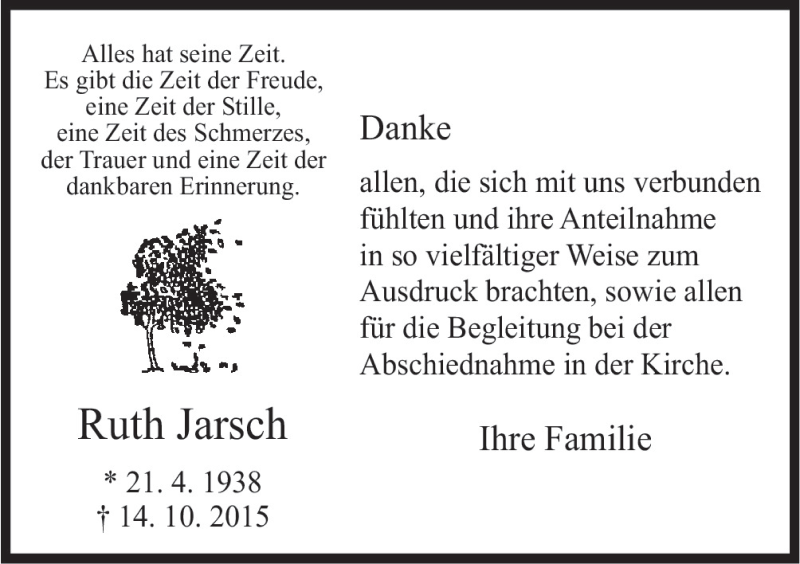  Traueranzeige für Ruth Jarsch vom 21.11.2015 aus Neue Osnabrücker Zeitung GmbH & Co. KG