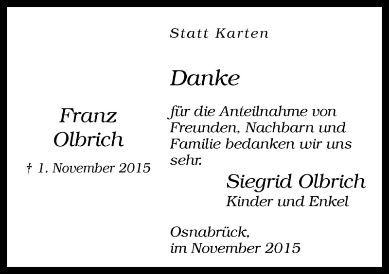  Traueranzeige für Franz Olbrich vom 09.11.2015 aus Neue Osnabrücker Zeitung GmbH & Co. KG