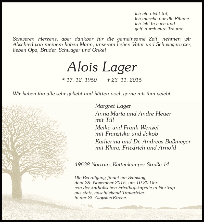  Traueranzeige für Alois Lager vom 25.11.2015 aus Neue Osnabrücker Zeitung GmbH & Co. KG