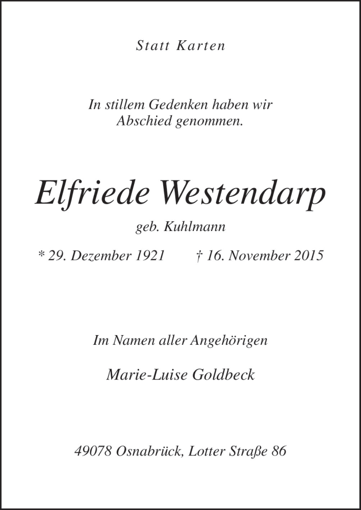  Traueranzeige für Elfriede Westendarp vom 28.11.2015 aus Neue Osnabrücker Zeitung GmbH & Co. KG
