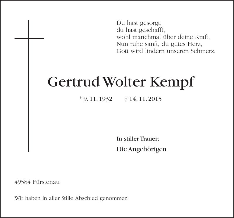  Traueranzeige für Gertrud Wolter Kempf vom 25.11.2015 aus Neue Osnabrücker Zeitung GmbH & Co. KG