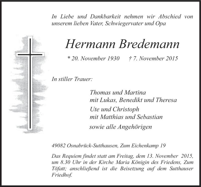  Traueranzeige für Hermann Bredemann vom 11.11.2015 aus Neue Osnabrücker Zeitung GmbH & Co. KG