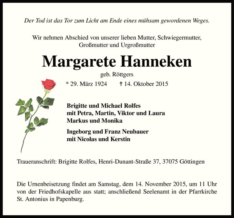  Traueranzeige für Margarete Hanneken vom 11.11.2015 aus Neue Osnabrücker Zeitung GmbH & Co. KG
