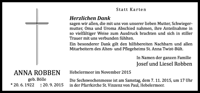  Traueranzeige für Anna Robben vom 03.11.2015 aus Neue Osnabrücker Zeitung GmbH & Co. KG