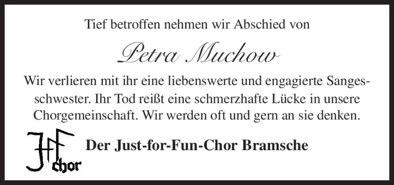  Traueranzeige für Petra Muchow vom 18.11.2015 aus Neue Osnabrücker Zeitung GmbH & Co. KG