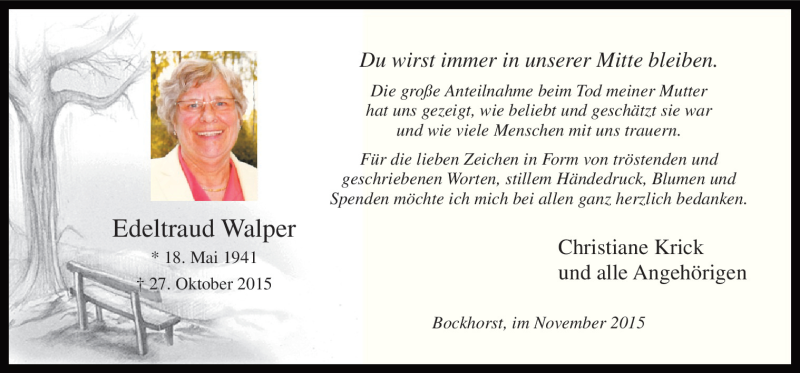  Traueranzeige für Edeltraud Walper vom 28.11.2015 aus Neue Osnabrücker Zeitung GmbH & Co. KG