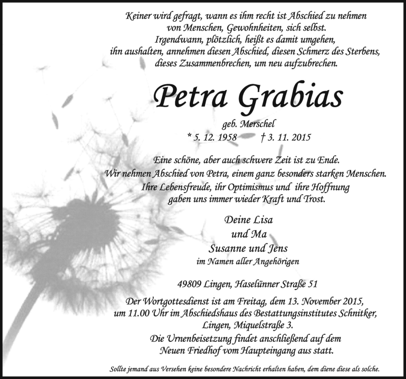  Traueranzeige für Petra Grabias vom 07.11.2015 aus Neue Osnabrücker Zeitung GmbH & Co. KG