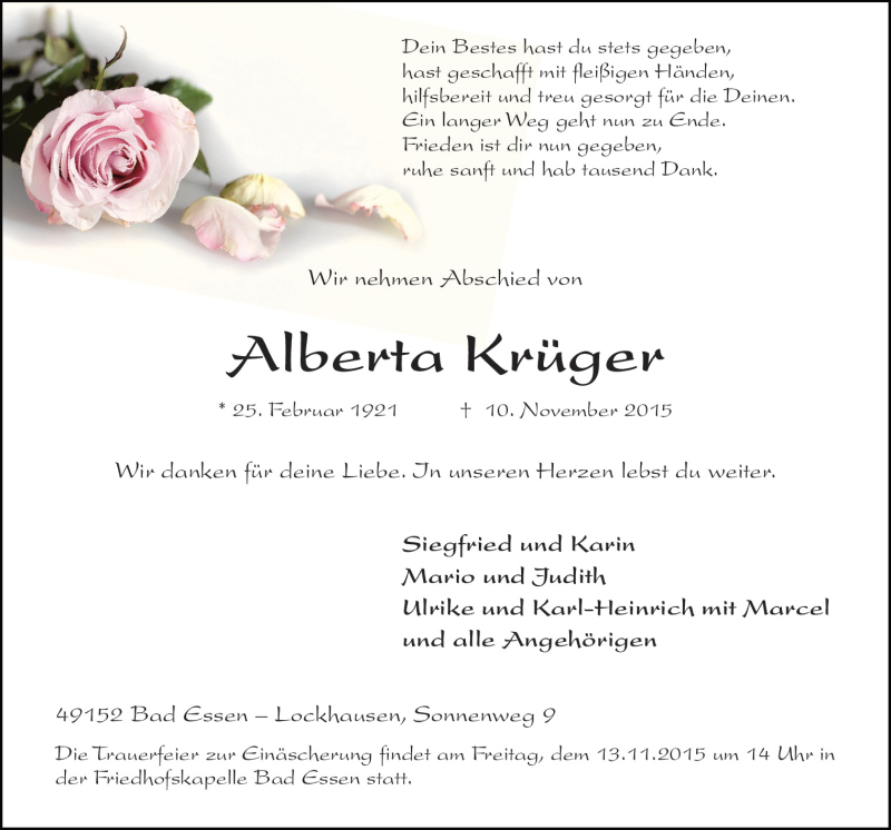  Traueranzeige für Alberta Krüger vom 12.11.2015 aus Neue Osnabrücker Zeitung GmbH & Co. KG