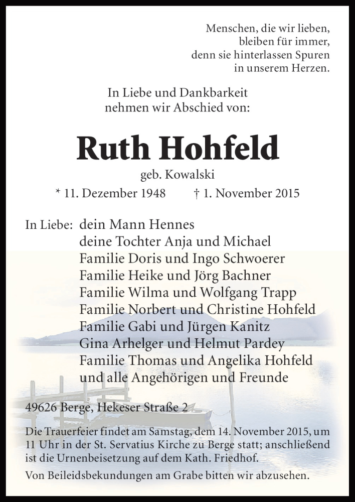  Traueranzeige für Ruth Hohfeld vom 13.11.2015 aus Neue Osnabrücker Zeitung GmbH & Co. KG