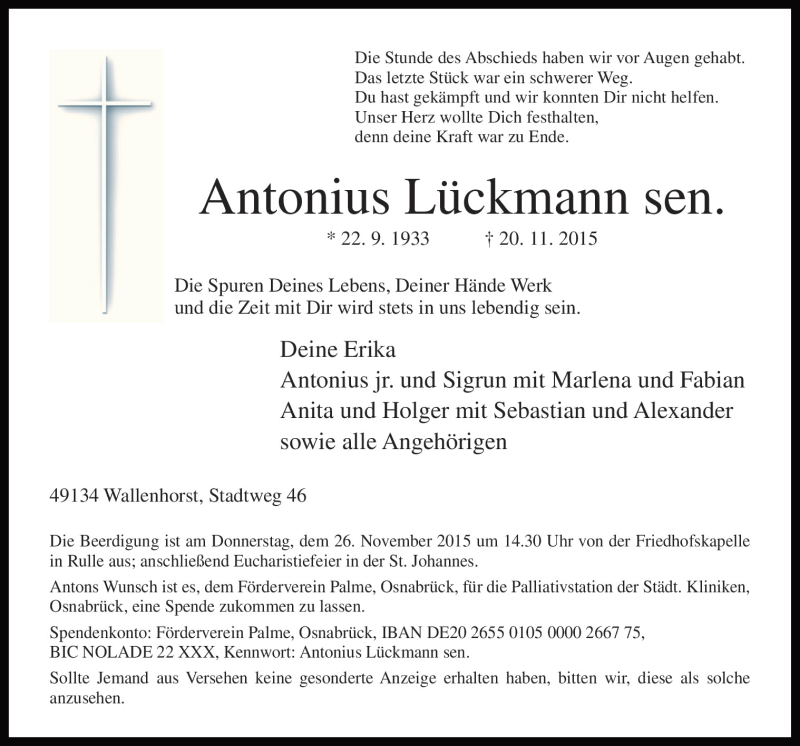  Traueranzeige für Antonius Lückmann vom 23.11.2015 aus Neue Osnabrücker Zeitung GmbH & Co. KG