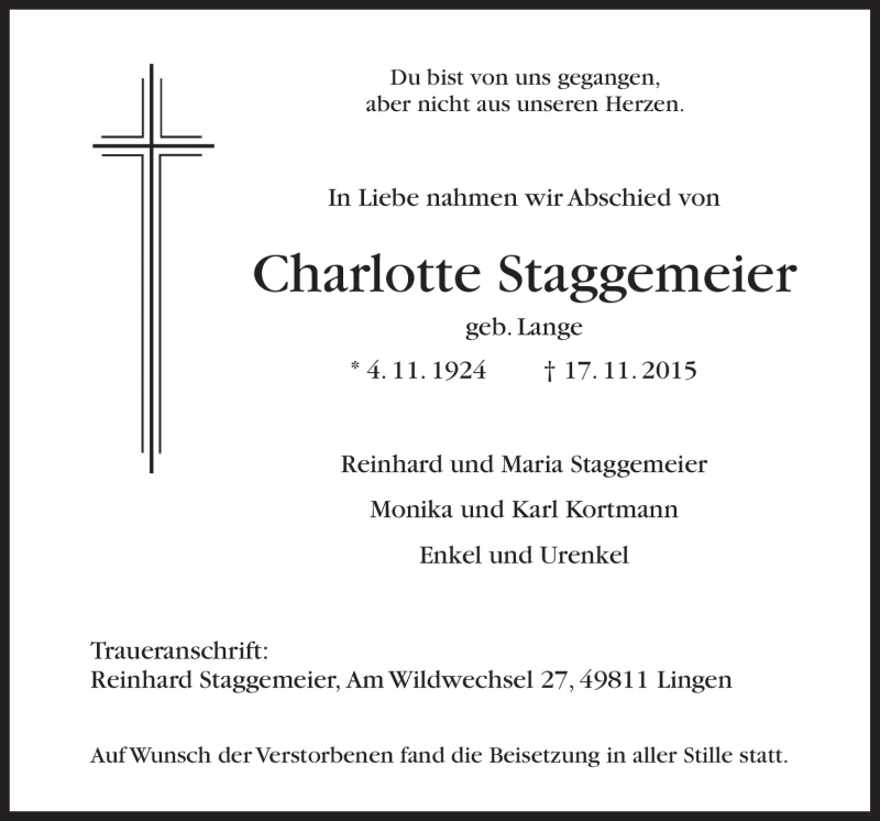  Traueranzeige für Charlotte Staggemeier vom 21.11.2015 aus Neue Osnabrücker Zeitung GmbH & Co. KG