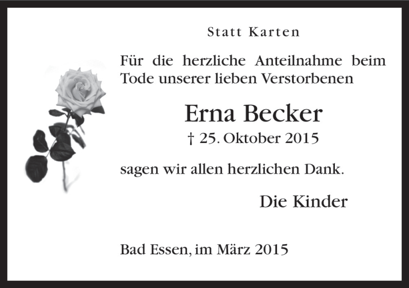  Traueranzeige für Erna Becker vom 28.11.2015 aus Neue Osnabrücker Zeitung GmbH & Co. KG