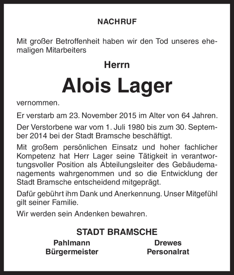  Traueranzeige für Alois Lager vom 27.11.2015 aus Neue Osnabrücker Zeitung GmbH & Co. KG