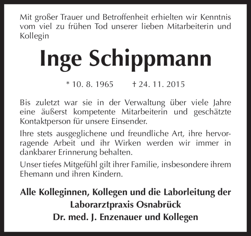  Traueranzeige für Inge Schippmann vom 28.11.2015 aus Neue Osnabrücker Zeitung GmbH & Co. KG
