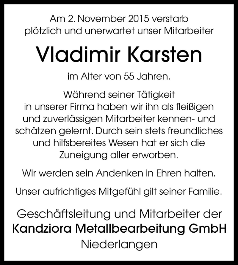  Traueranzeige für Vladimir Karsten vom 06.11.2015 aus Neue Osnabrücker Zeitung GmbH & Co. KG