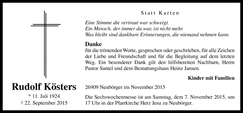  Traueranzeige für Rudolf Kösters vom 04.11.2015 aus Neue Osnabrücker Zeitung GmbH & Co. KG
