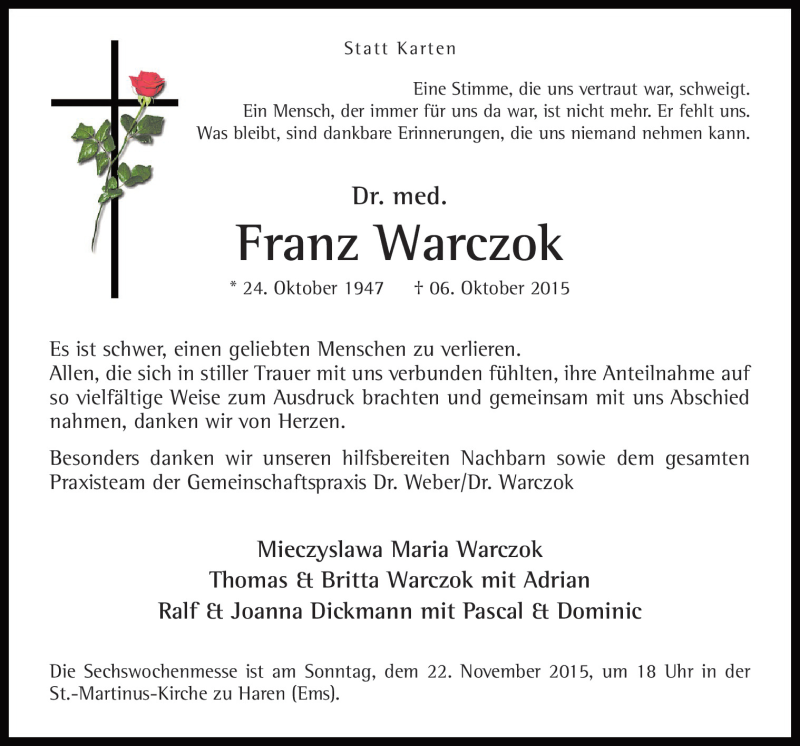  Traueranzeige für Franz Warczok vom 21.11.2015 aus Neue Osnabrücker Zeitung GmbH & Co. KG