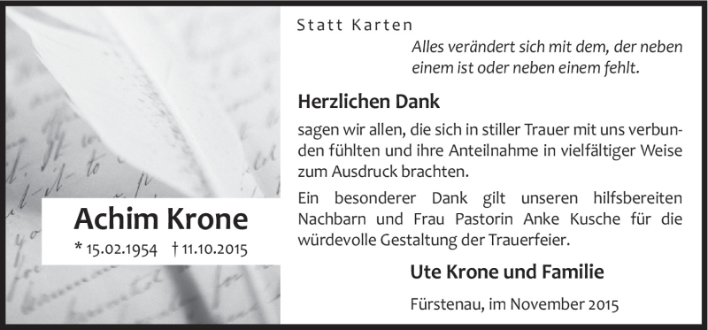  Traueranzeige für Achim Krone vom 21.11.2015 aus Neue Osnabrücker Zeitung GmbH & Co. KG