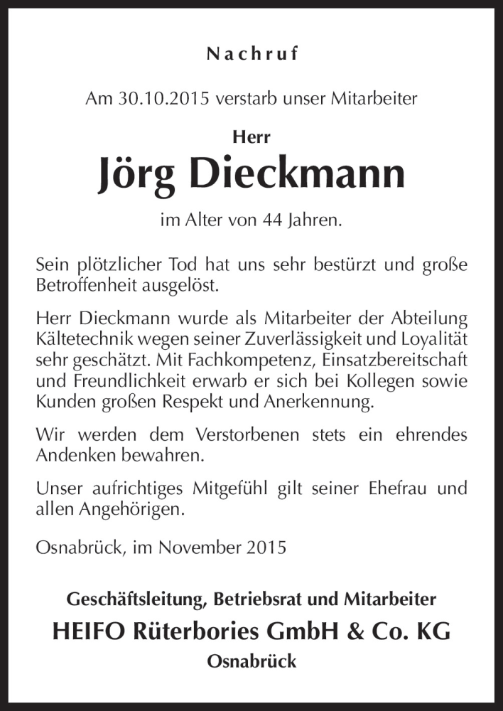  Traueranzeige für Jörg Dieckmann vom 12.11.2015 aus Neue Osnabrücker Zeitung GmbH & Co. KG