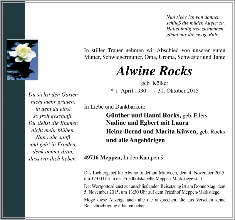  Traueranzeige für Alwine Rocks vom 03.11.2015 aus Neue Osnabrücker Zeitung GmbH & Co. KG